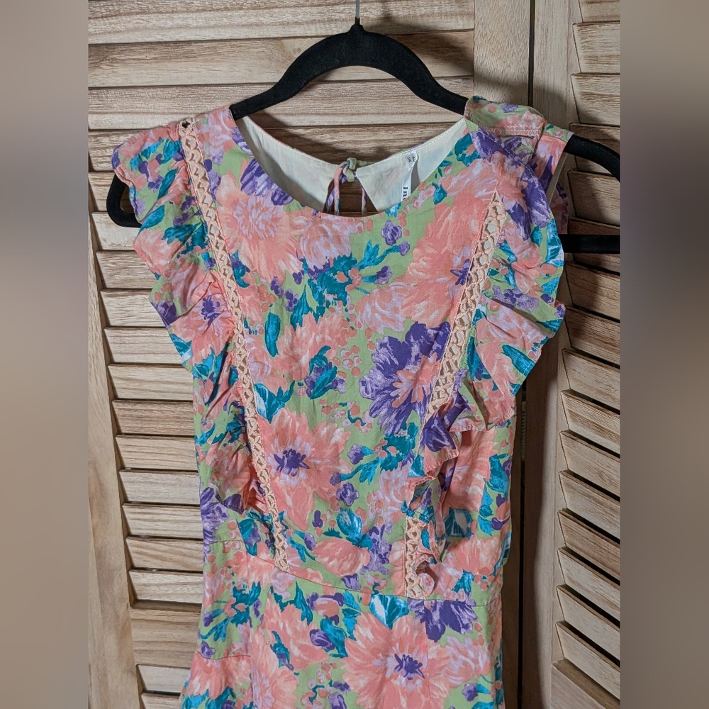 Indikah Floral Ruffle Tiered Open Back Mini Dress Pink Green Cottagecore Size 4 - Picture 4 of 8